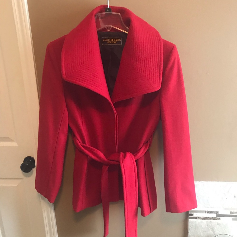 Marvin Richards large red belted coat.